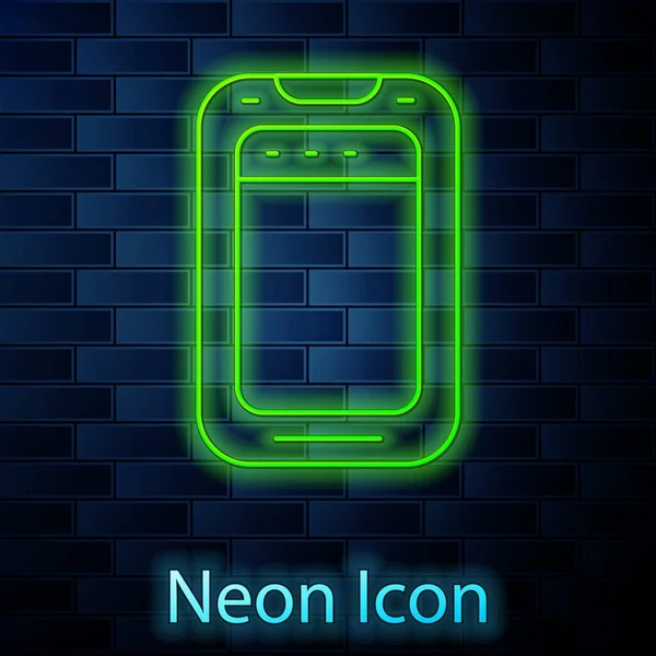 Glowing Neon Line Smartphone Mobile Phone Icon Isolated Brick Wall — Stock Vector