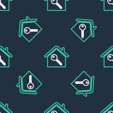 Anahtar simgesine sahip Satır Evi siyah arkaplandaki kusursuz deseni izole etti. Ev anahtarının konsepti. Vektör