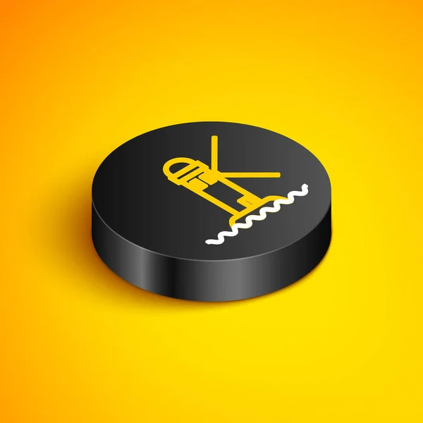 Isometric Line Lighthouse Icon Isolated Yellow Background Black Circle Button — Stock Vector