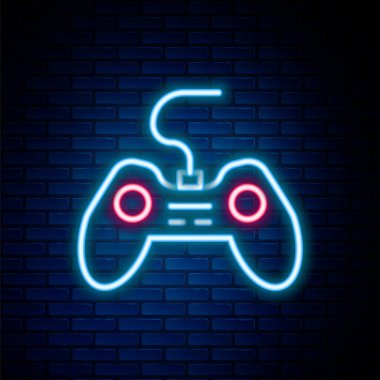 Parlayan neon hattı Gamepad simgesi tuğla duvar arka planında izole edildi. Oyun kontrolörü. Renkli taslak konsepti. Vektör