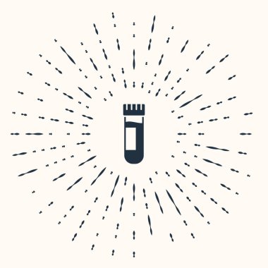 Gri test tüpü ya da bej arka planda kan ikonu olan matara. Laboratuvar, kimyasal, bilimsel cam levha. Soyut çember rastgele noktalar. Vektör İllüstrasyonu.