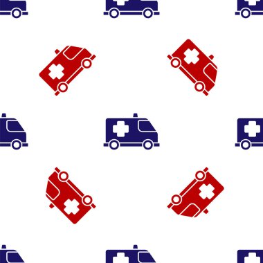 Mavi ve kırmızı ambulans ve acil durum arabası ikonu beyaz arka planda izole edilmiş pürüzsüz desen. Ambulans aracı tıbbi tahliye. Vektör..
