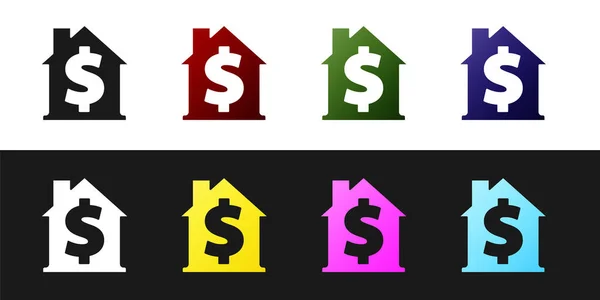 Set House Met Dollarsymbool Pictogram Geïsoleerd Zwart Wit Achtergrond Thuis — Stockvector