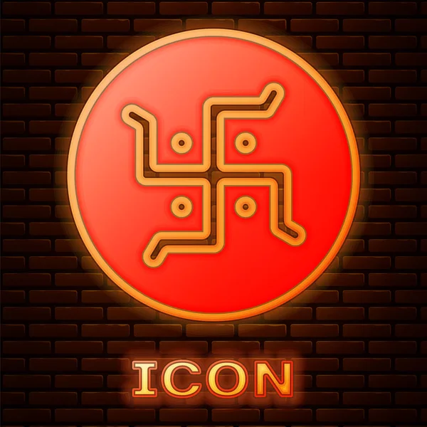 Glowing Neon Hindu Swastika Religious Symbol Icon Isolated Brick Wall — Stock Vector