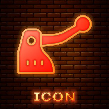 Parlayan neon bisiklet fren ikonu tuğla duvar arka planında izole edilmiş. Vektör.