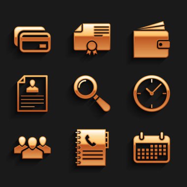 Büyüteç Telefon Defteri Takvim Saat Kullanıcı grubunu ayarla ve simgeye devam et. Vektör.