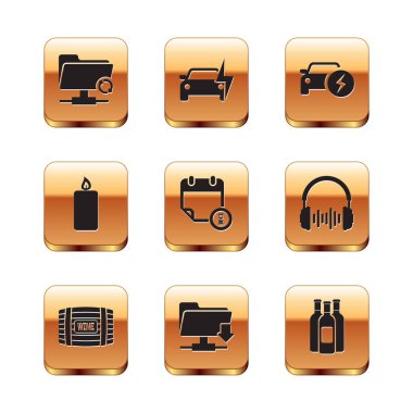 Şarap klasörü indirmek için FTP senkronizasyonu ayarlayın. Takvim, saat, yanan mum ve elektrikli araba simgesi indirin. Vektör.