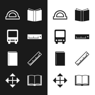 Cetvel Otobüs Sürgüsü ızgarası Kitap ve Piksel oklarını dört yönlü simgeye ayarla. Vektör.