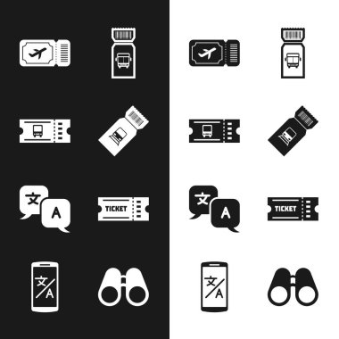 Otobüs bileti çevirmeni Bilet Dürbünü ve Çevrimiçi çevirmen simgesini ayarla. Vektör.