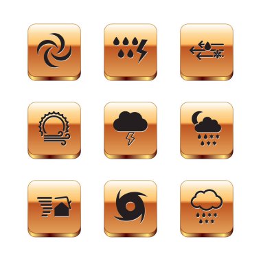 Kasırga Fırtınası Rüzgarı 'nı ve kar bulutu ve ikon ile güneş yağmurunu ayarlayın. Vektör.