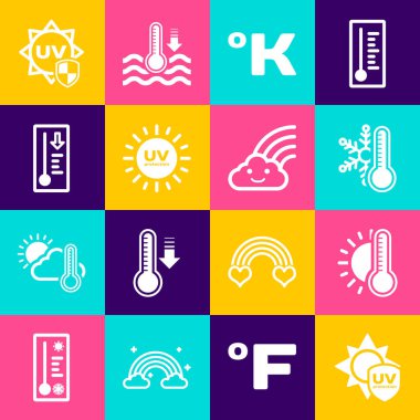 UV koruyucu termometreyi güneş kar tanesi Kelvin Meteoroloji termometresi ve Gökkuşağı bulut simgesi ile ayarla. Vektör.