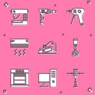 Dikiş makinesini elektrikli matkapla sıcak tutkal tabancası klima planör aracı ve Blender simgesini ayarla. Vektör.