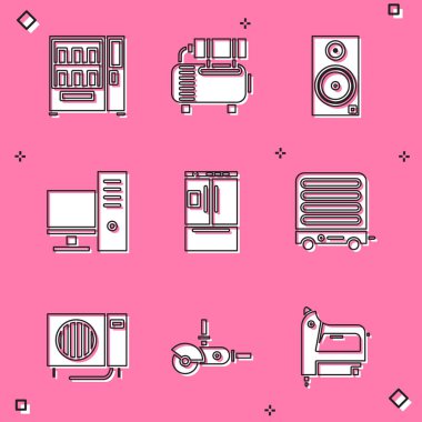 Otomatik hava kompresörü Stereo hoparlörü, buzdolabı monitörü ve elektrikli ısıtıcı simgesini ayarla. Vektör.