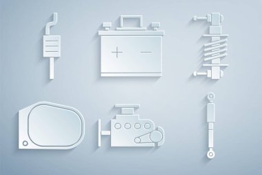 Araba motoru amortisörünün ayna bataryasını ve egzoz simgesini ayarla. Vektör.