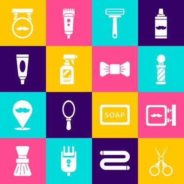 Makas kuaförü klasik berber direği tıraş makinesi tabancası sprey krem losyon losyonu ve papyon ikonu hazırla. Vektör.