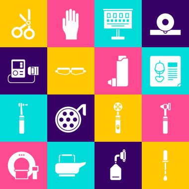 Pipette Medikal otoskop aracı X-ray görüntüleri, göz testi, güvenlik gözlükleri, gözlükler, tansiyon makasları ve astım ilacı ikonu ayarlayın. Vektör.