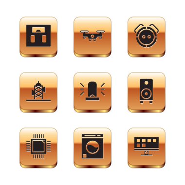 Banyo ölçeklendirme işlemcisini mikro devrelerle ayarla. Çamaşır yıkama makinesi sirenleri, Antenna Robot elektrik süpürgesi, akıllı televizyon ve İHA uçan ikonu. Vektör.