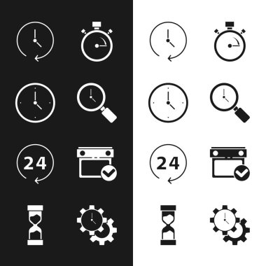 Büyüteçle saat kronometresi 24 saat takvim işaretleme zaman yönetimi ve eski kum saati simgesini ayarla. Vektör.