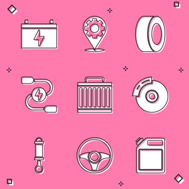 Araba aküsü servis lastiği kablosuz akü ısıtma radyatörü soğutma sistemi fren diskini kalibre şok emici ve direksiyon ikonu ile ayarla. Vektör.