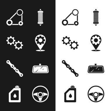 Motor yağı ikonu için araba servisi ekipmanı zamanlayıcısı şok emici ayna direksiyonu ve teneke kutuyu ayarla. Vektör.
