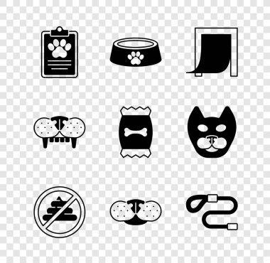 Set Clinical record pet Pet food bowl Door for No shit Cat nose Retractable leash tooth and Bag of icon. Vector.