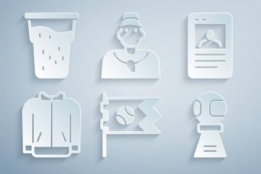 Beyzbol topu beyzbol kartı tişörtü koçu ve bir bardak bira ikonuyla Bayrak 'ı hazırla. Vektör.