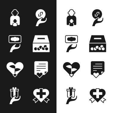 Bağışları ve yardımseverliği ayarlayın çocuklara bakıyorum Yaprak Yürek Haçı ile Zarf ve Hediye ikonu verin. Vektör.