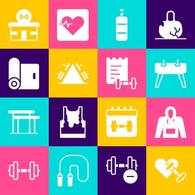 Dumbbell 'ı kalp kapüşonlu beygir, kum torbası, metal raf ağırlığı, spor salonu ve spor eğitim programı ikonu ile ayarla. Vektör.