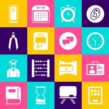 Grafik tablet tanımlama rozet saat alarm saat sınav kağıdını artı dereceli pusula çizim dolabı veya soyunma odası ve konuşma balonu sohbet simgesi ile ayarla. Vektör.