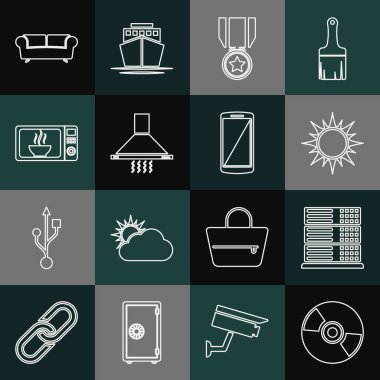 Hat CD ya da DVD Disk Sunucusu Web Sunucusu Güneş Madalyası 'nı yıldız mutfak açıcı fan mikrodalga fırın kanepesi ve akıllı telefon cep telefonu ikonu ile ayarla. Vektör.