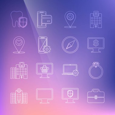 Line Toolbox Elmas nişan yüzüğü monitörünü dolar değerinde tıbbi konum çaprazlaması akıllı telefon haritası, kalp işaretleyici diş koruması ve rüzgar gül ikonu ile ayarla. Vektör.