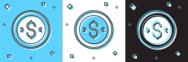 Встановити Гроші Монету Значком Символу Долара Ізольовано Синьо Білому Чорному — стоковий вектор
