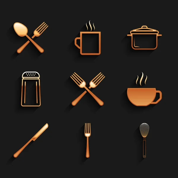 Set Tenedor Cruzado Tenedor Cocina Batidor Taza Café Cuchillo Sal — Vector de stock