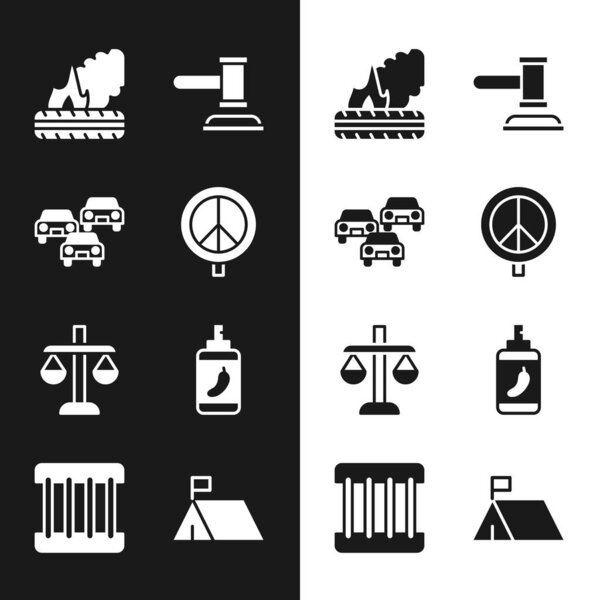 Set Peace Traffic jam Lying burning tires Judge gavel Scales of justice Pepper spray Protest camp and Prison window icon. Vector.