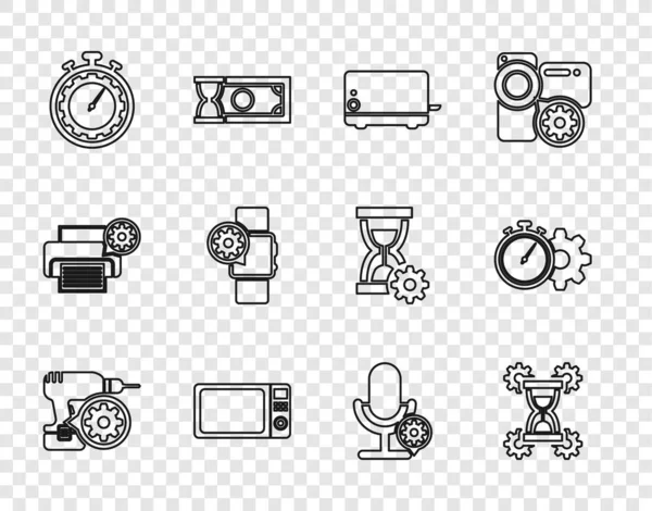 Establecer Línea Ajuste Máquina Perforación Reloj Arena Tostadora Horno Microondas — Vector de stock
