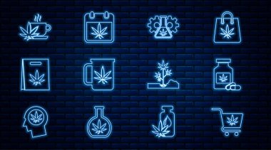 Marihuana şişesi test tüpü çay poşeti, takvim ve ikon içeren bir alışveriş arabası ayarla. Vektör.