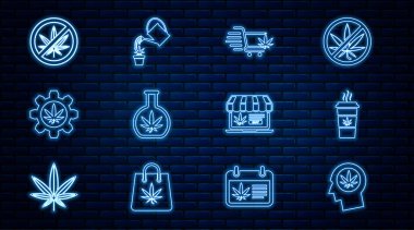 Marihuana kupası kahve, alışveriş arabası test tüpü online alış-veriş ve su kutusu ikonu ile ana hatları belirle. Vektör.