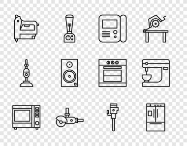 Mikrodalga fırın soğutucu ev dahili haberleşme sistemi Açı öğütücü elektrikli inşaat zımbası Stereo hoparlör inşaat matkabı ve mikser ikonu ayarlayın. Vektör.