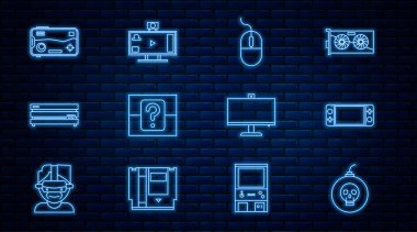 Satır Bombası 'nı taşınabilir video oyunu konsolu Bilgisayar faresi Mystery rastgele kutu Mobile' i monitör ve canlı yayın çevrimiçi simgesinde çalmaya hazır hale getirin. Vektör.