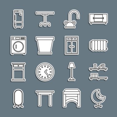 Hat Armchair Shelf 'ı kitaplarla ısıtma radyatörü, musluk suyu, çamaşır makinesi ve gardırop ikonu ile ayarla. Vektör.