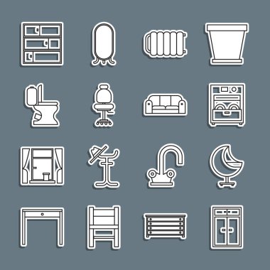 Gardırop Armchair Kitchen bulaşık makinesi ısıtma radyatör ofis tuvaleti rafı ve kanepe ikonu. Vektör.