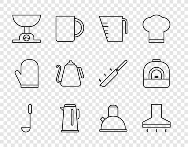 Mutfak kepçesi sökücü yelpaze ısıtıcısını elektronik ölçekli ve fırın ikonlu ölçeklendirici ile ayarla. Vektör.