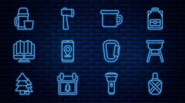 Kantin su şişesi ızgara ızgara kamp metal kupa şehir haritası navigasyon konteynırı termos konteynır ve bardak karabiner ve tahta balta ikonu. Vektör.