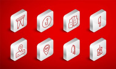 Balık kancalı oltayla olta kamışı, katlanabilir sandalye konum balıkçılık ve ikon ile olta at. Vektör.