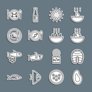 Missel Fish bifteği, kirpi balığı çorbası, deniz kestanesi yengeç ve karides ikonlu çorba. Vektör.