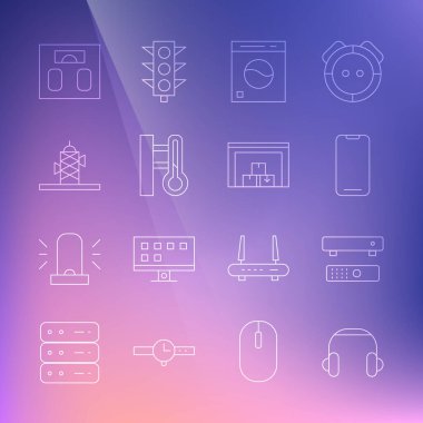 Multimedya ve televizyon kutuları, akıllı telefon, çamaşır makinesi, termometre termometre, banyo termometresi ve depo ikonu ayarlayın. Vektör.