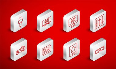 3D sinema gözlüklü ekran TV ve 8K Monitor Ses Karıştırıcı Hollywood ünlü mikrofon yıldızı yürüyüşü ve Media projektör ikonu. Vektör.