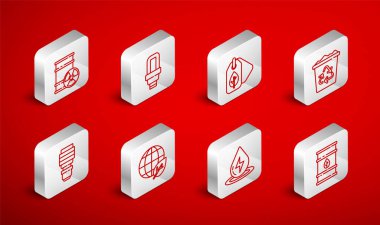 Biyolojik yakıt varili LED ampul etiketini yaprak Geri Dönüşüm Kutusu Geri Dönüşüm Su Enerjisi Radyoaktif atık Dünya küresi ve simgesi ile ayarla. Vektör.