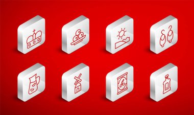 Plaj küpelerinde Orujo Zeytinleri. İspanya Yel Değirmeni Taç ve Sangria ikonu. Vektör.