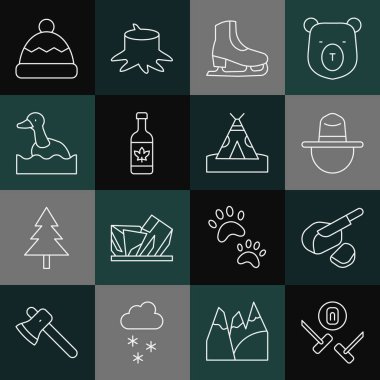 Çizgili Curling spor oyunu Peameal pastırmalı Kanadalı Ranger şapkalı Skates Bira Şişesi Uçan Ördek Beanie ve Kızılderili çadır çadırı ikonu. Vektör.